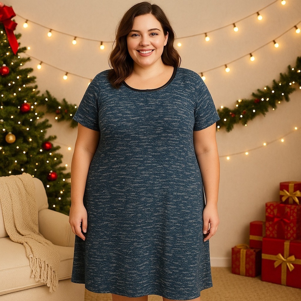 Talbots women’s tweed, teal and black short sleeve holiday dress dark fairy 24W